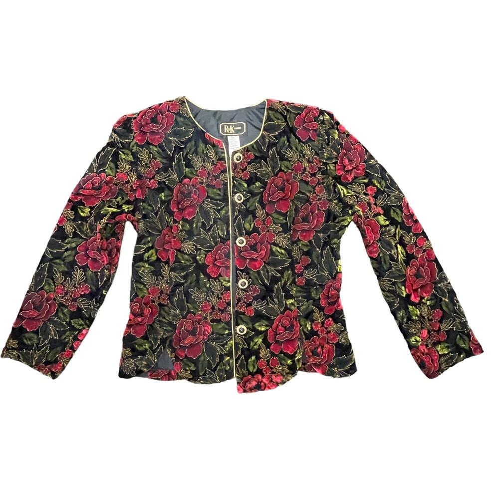 Vintage R&K Evenings Blazer Jacket Black Red Floral Button Down Size 14 Missy